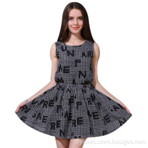 Black Sleeveless Alphabet Printed Plaid DressNew